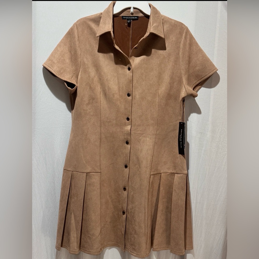 Elizabeth & Nicole New York Faux Suede Dress Short Sleeve Pleated Mini - Size L